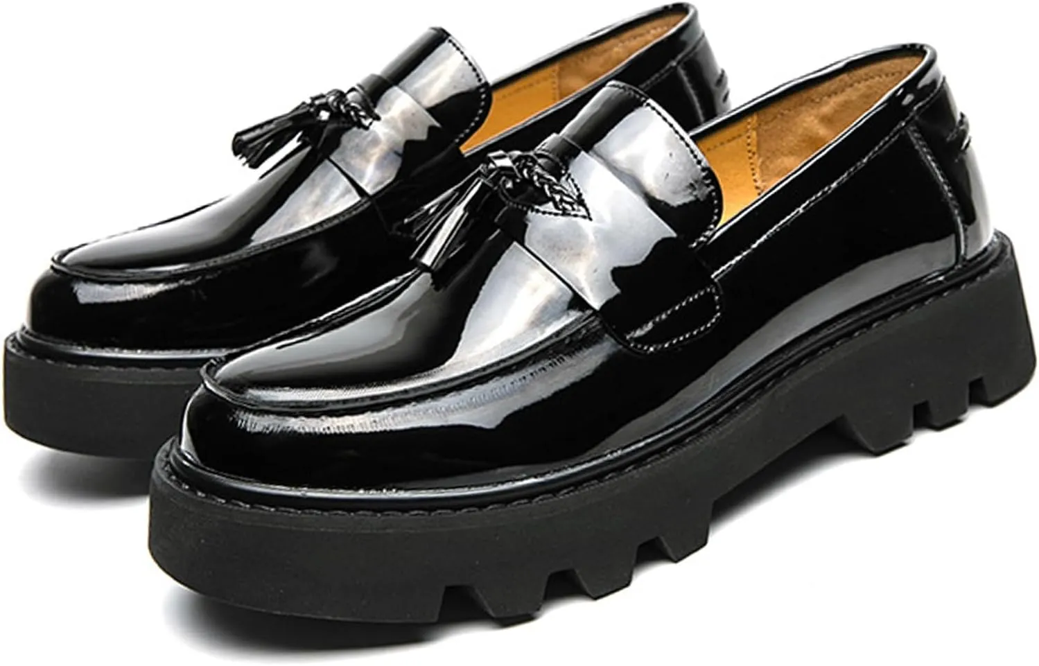 Men's Soft Leather Platform Chunky Heel Slip On Penny Loafers Fashion Tassel Business Casual Formal Work Shoes Non Slip Lug Sole Black Patent Leather Loafers