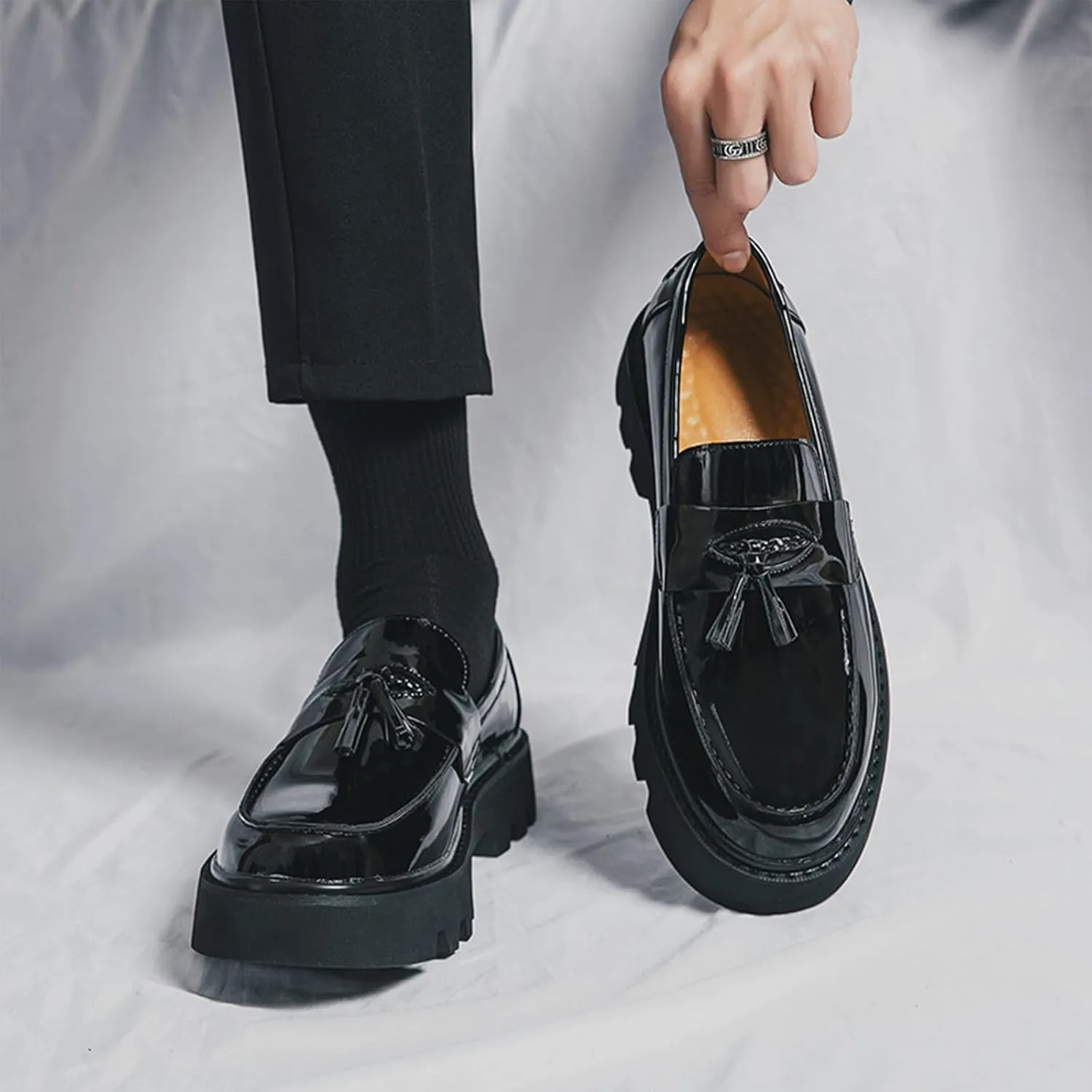 Men's Soft Leather Platform Chunky Heel Slip On Penny Loafers Fashion Tassel Business Casual Formal Work Shoes Non Slip Lug Sole Black Patent Leather Loafers