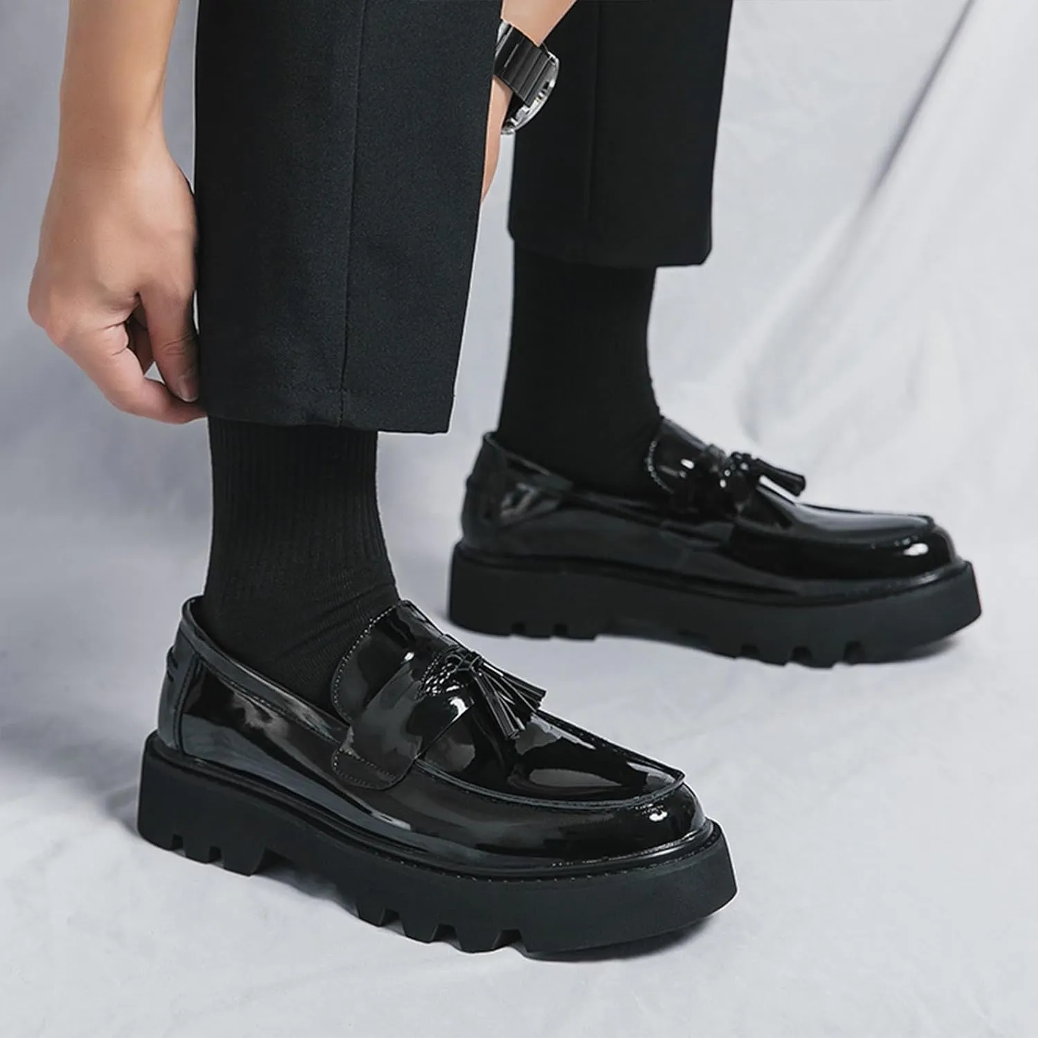 Men's Soft Leather Platform Chunky Heel Slip On Penny Loafers Fashion Tassel Business Casual Formal Work Shoes Non Slip Lug Sole Black Patent Leather Loafers