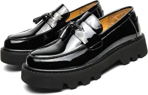 Men's Soft Leather Platform Chunky Heel Slip On Penny Loafers Fashion Tassel Business Casual Formal Work Shoes Non Slip Lug Sole Black Patent Leather Loafers