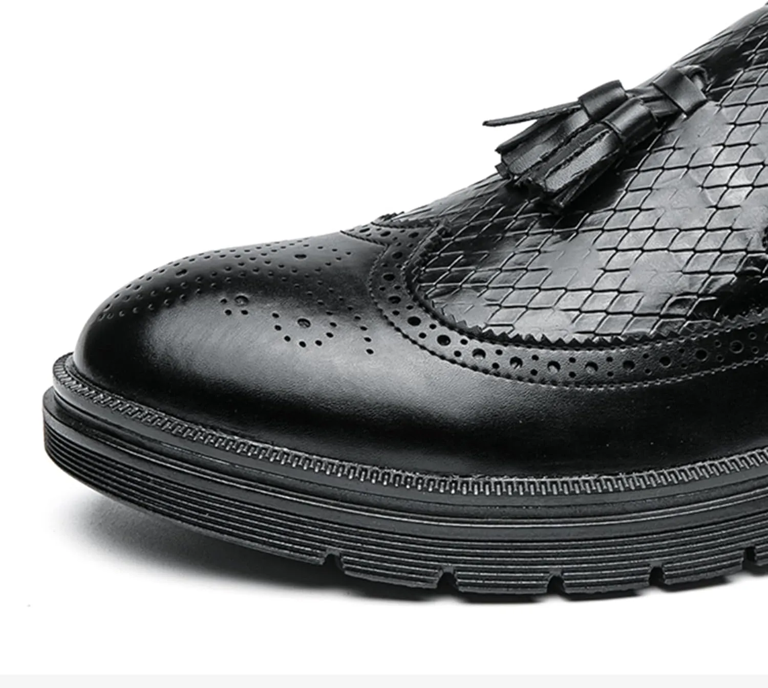 Men's Tassel Loafers Woven Pattern Leather Slip-on Dress Shoes Wide Round Toe Brogue Wingtip Business Design Fashion Non-Slip Work Casual Shoes