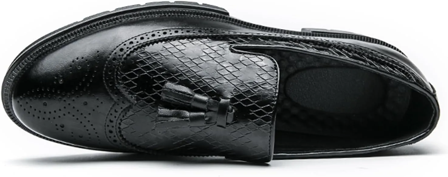 Men's Tassel Loafers Woven Pattern Leather Slip-on Dress Shoes Wide Round Toe Brogue Wingtip Business Design Fashion Non-Slip Work Casual Shoes