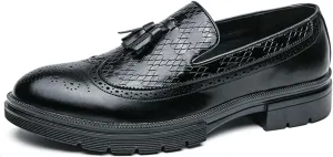 Men's Tassel Loafers Woven Pattern Leather Slip-on Dress Shoes Wide Round Toe Brogue Wingtip Business Design Fashion Non-Slip Work Casual Shoes