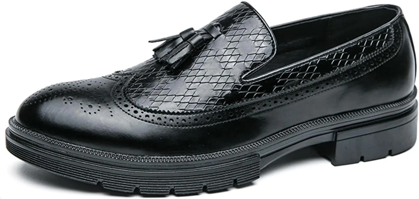 Men's Tassel Loafers Woven Pattern Leather Slip-on Dress Shoes Wide Round Toe Brogue Wingtip Business Design Fashion Non-Slip Work Casual Shoes