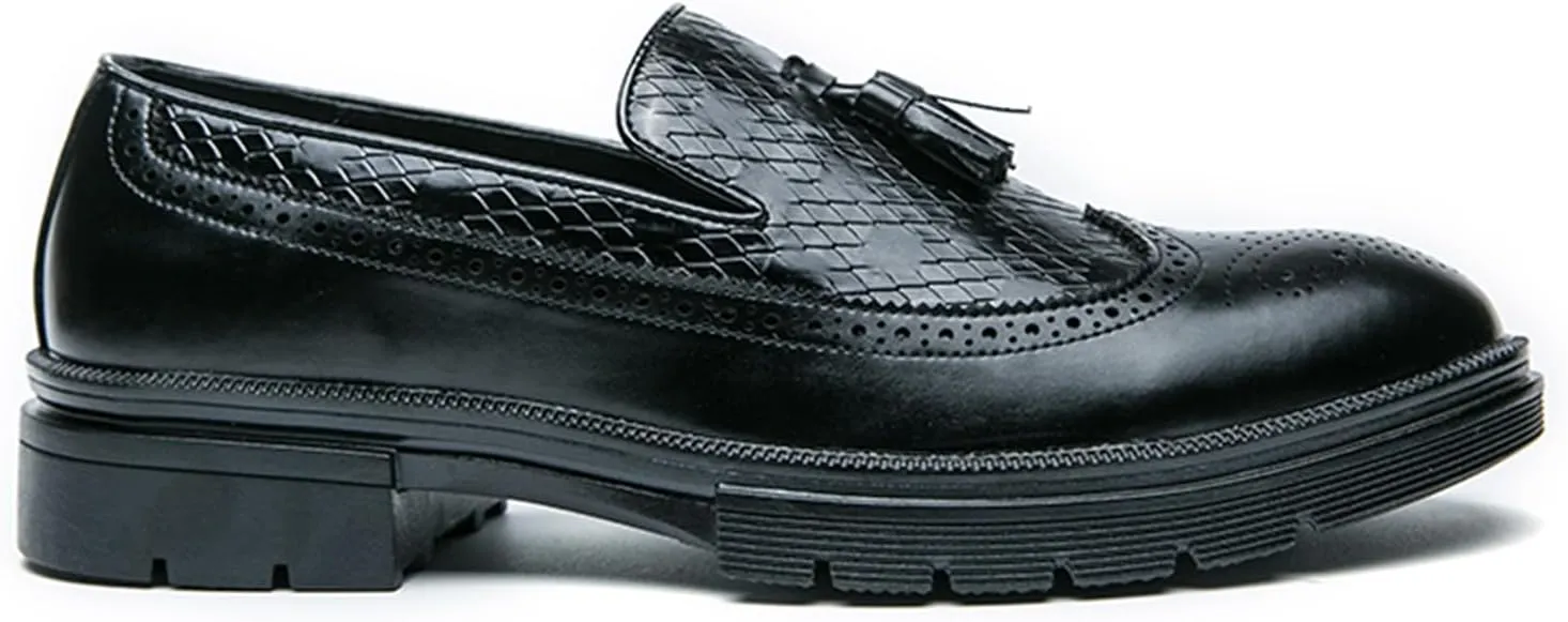Men's Tassel Loafers Woven Pattern Leather Slip-on Dress Shoes Wide Round Toe Brogue Wingtip Business Design Fashion Non-Slip Work Casual Shoes