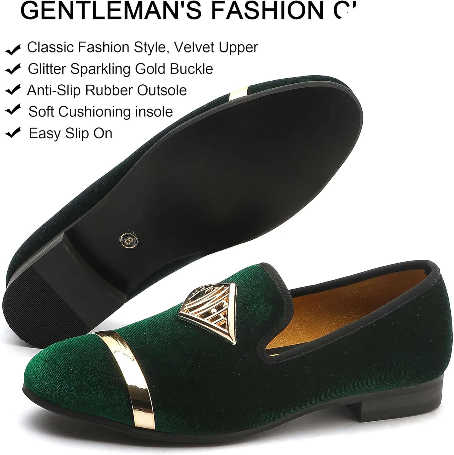 Mens Velvet Loafers Shoes Spiked Dress Shoes with Gold Buckle for Wedding Party Dancing Metallic Slip on Glitter Fashion Prom Shoes