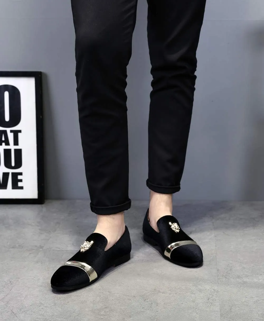 Mens Velvet Loafers Slippers with Gold Buckle Wedding Dress Shoes Slip-on Smoking Flats Black Blue Red