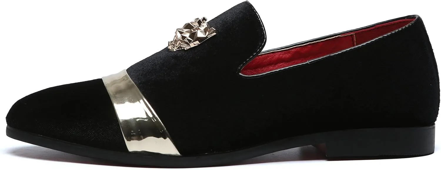 Mens Velvet Loafers Slippers with Gold Buckle Wedding Dress Shoes Slip-on Smoking Flats Black Blue Red