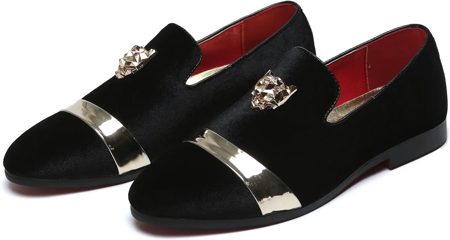 Mens Velvet Loafers Slippers with Gold Buckle Wedding Dress Shoes Slip-on Smoking Flats Black Blue Red