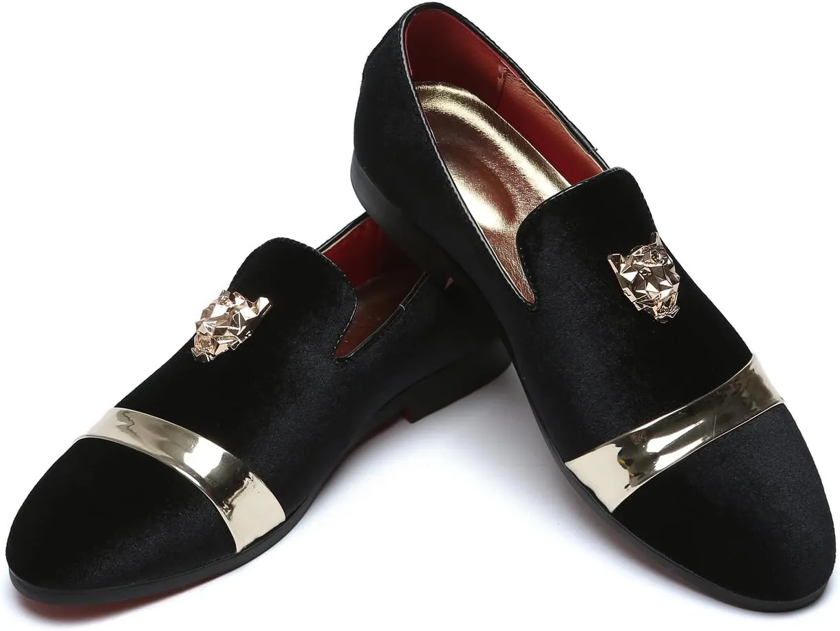 Mens Velvet Loafers Slippers with Gold Buckle Wedding Dress Shoes Slip-on Smoking Flats Black Blue Red