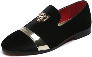 Mens Velvet Loafers Slippers with Gold Buckle Wedding Dress Shoes Slip-on Smoking Flats Black Blue Red