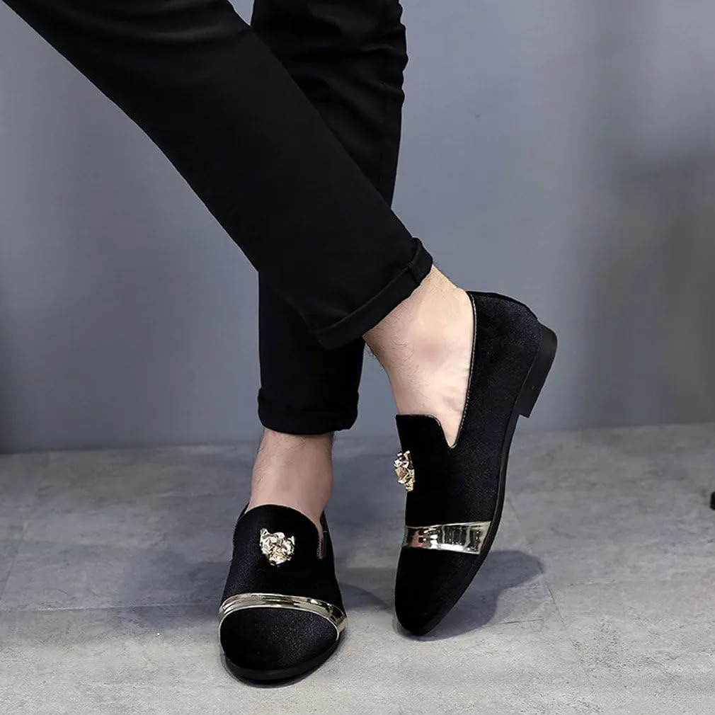 Mens Velvet Loafers Slippers with Gold Buckle Wedding Dress Shoes Slip-on Smoking Flats Black Blue Red