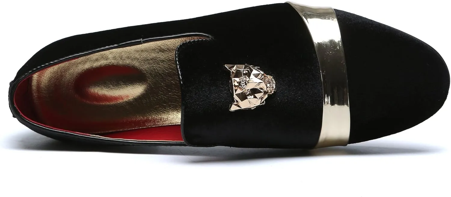 Mens Velvet Loafers Slippers with Gold Buckle Wedding Dress Shoes Slip-on Smoking Flats Black Blue Red