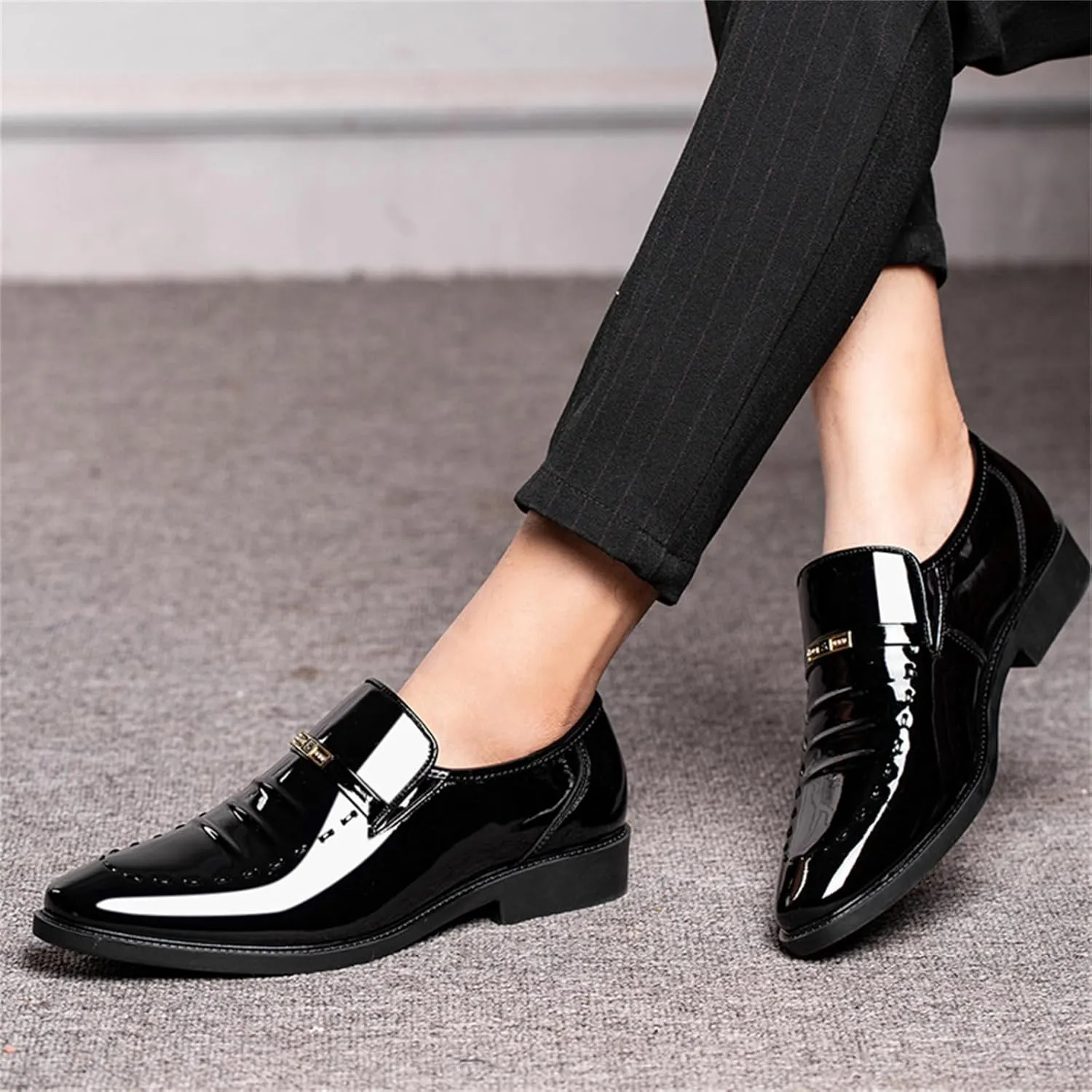 Men's Vintage High Gloss Slip On Dress Loafer Shoes Formal Business Pointed Toe Patent Leather Loafers