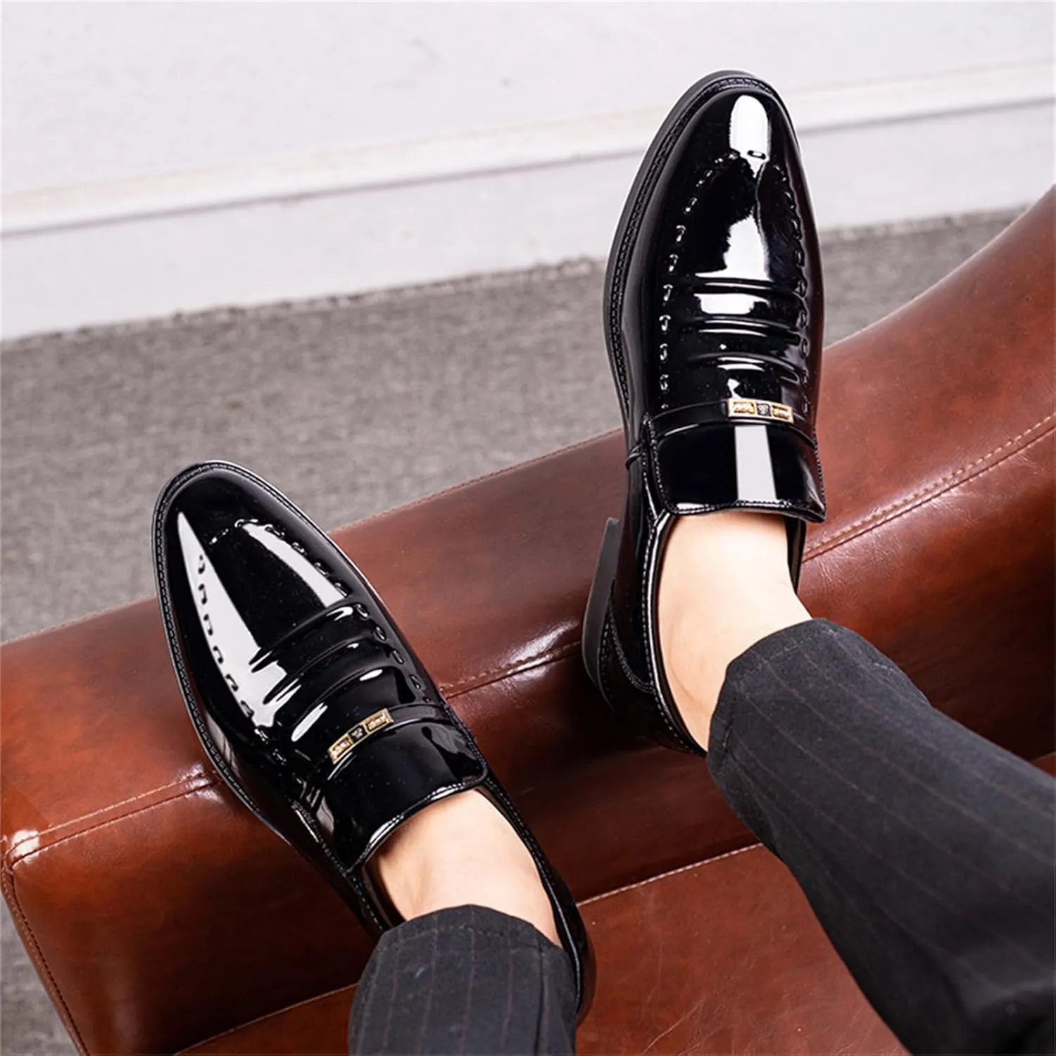 Men's Vintage High Gloss Slip On Dress Loafer Shoes Formal Business Pointed Toe Patent Leather Loafers