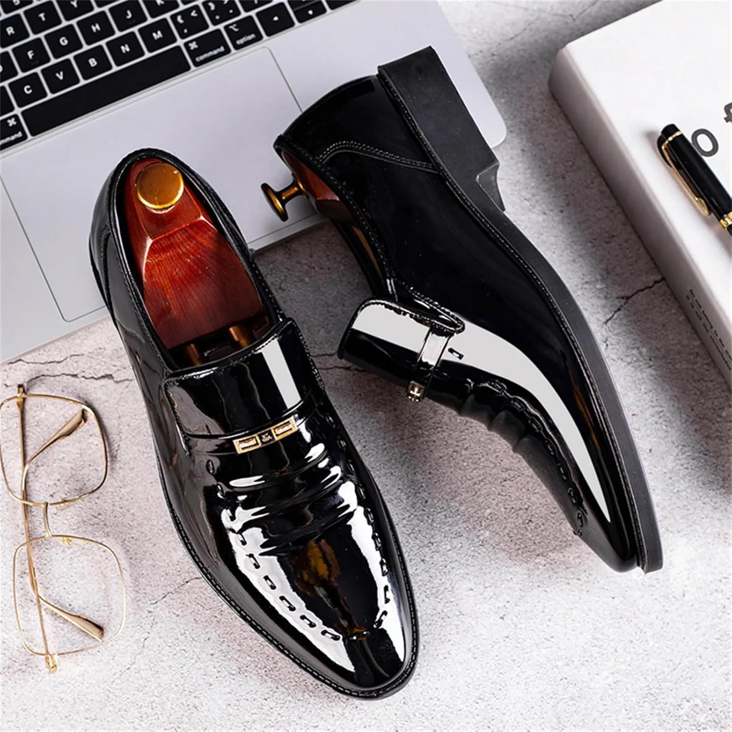 Men's Vintage High Gloss Slip On Dress Loafer Shoes Formal Business Pointed Toe Patent Leather Loafers