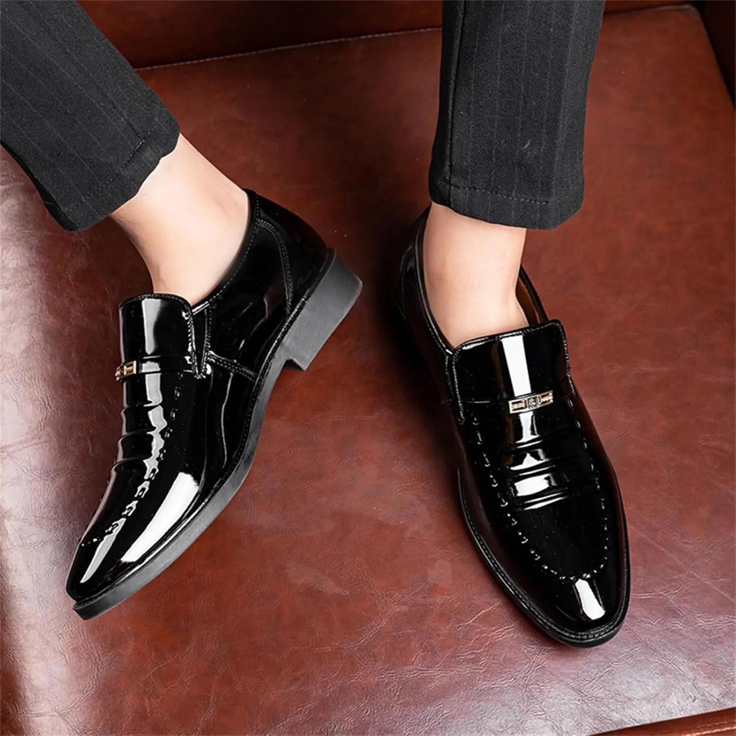 Men's Vintage High Gloss Slip On Dress Loafer Shoes Formal Business Pointed Toe Patent Leather Loafers
