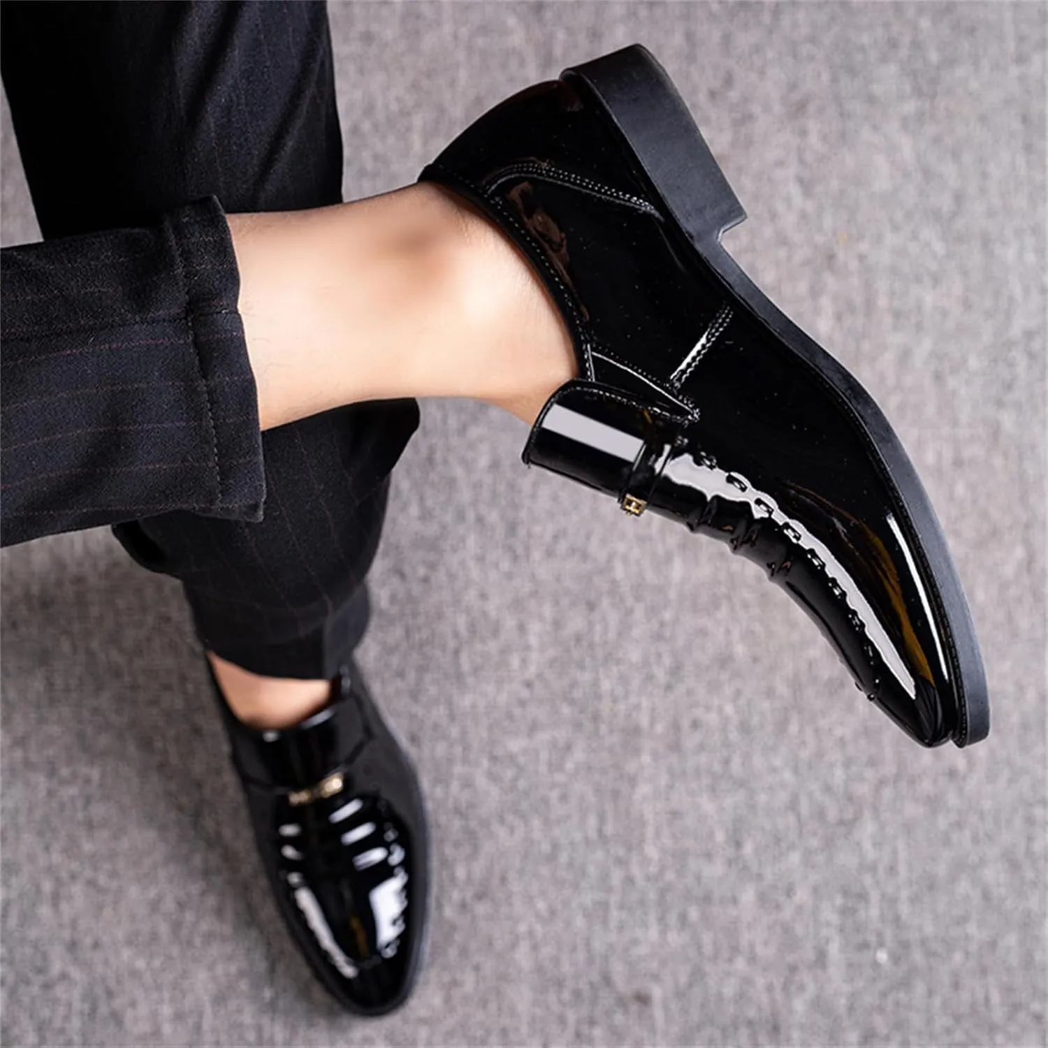 Men's Vintage High Gloss Slip On Dress Loafer Shoes Formal Business Pointed Toe Patent Leather Loafers