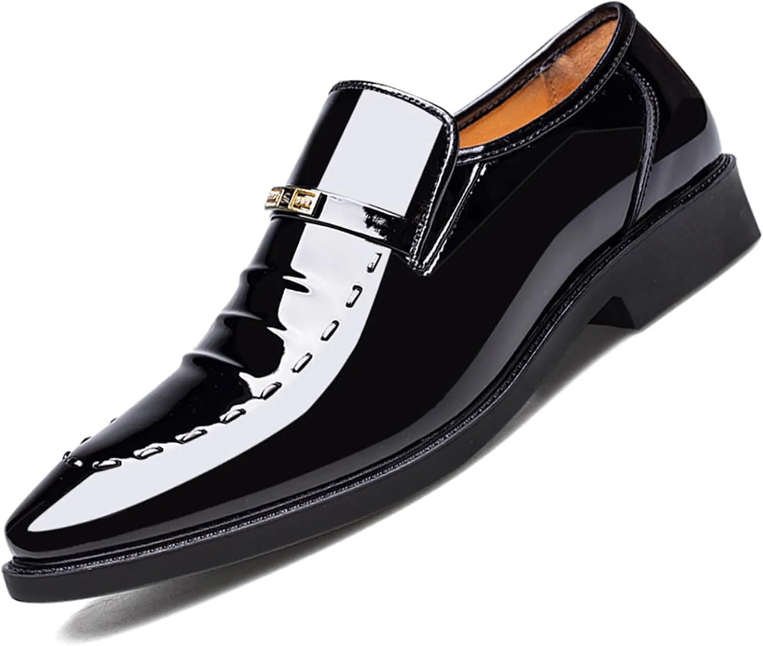 Men's Vintage High Gloss Slip On Dress Loafer Shoes Formal Business Pointed Toe Patent Leather Loafers