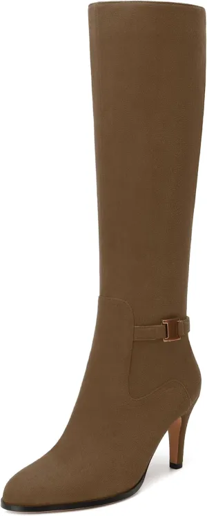 MODENCOCO Knee High Boots for Women Stiletto High Heel Pointed Toe Tall Boots Wide Calf Side Zipper Dress Long Boots Fall Winter Shoes