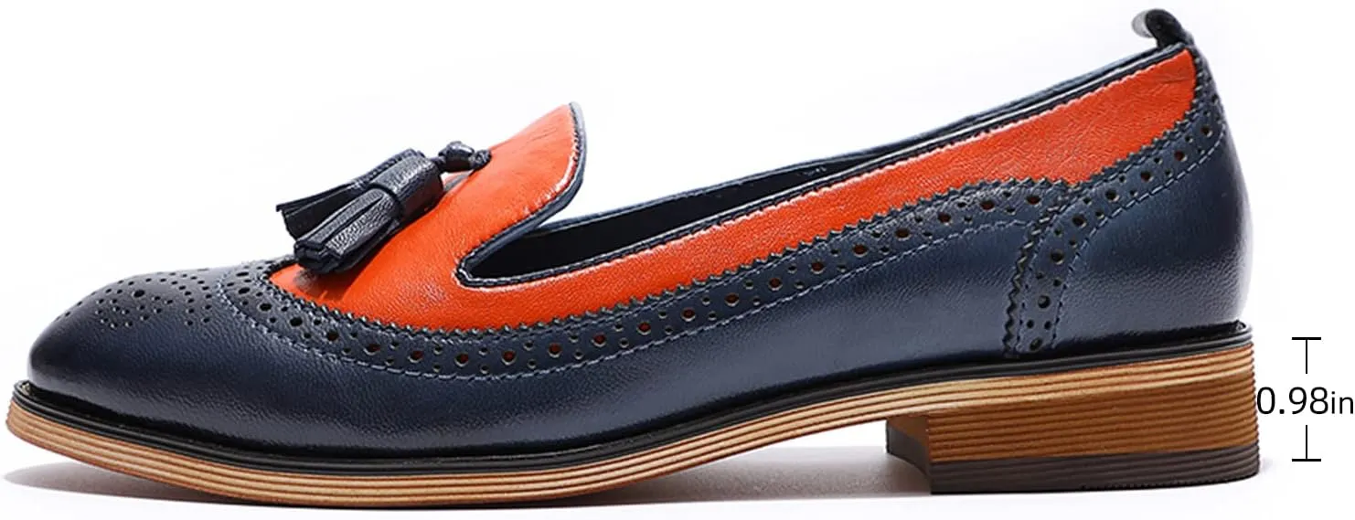 Mona flying Women's Leather Tassel Loafer Slip on Wingtip Brogue Dress Casual Flat Office Work Shoes for Ladies