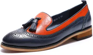 Mona flying Women's Leather Tassel Loafer Slip on Wingtip Brogue Dress Casual Flat Office Work Shoes for Ladies
