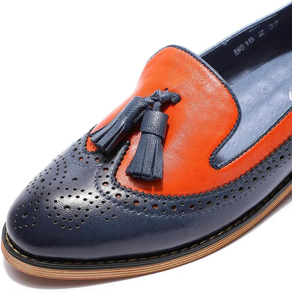 Mona flying Women's Leather Tassel Loafer Slip on Wingtip Brogue Dress Casual Flat Office Work Shoes for Ladies