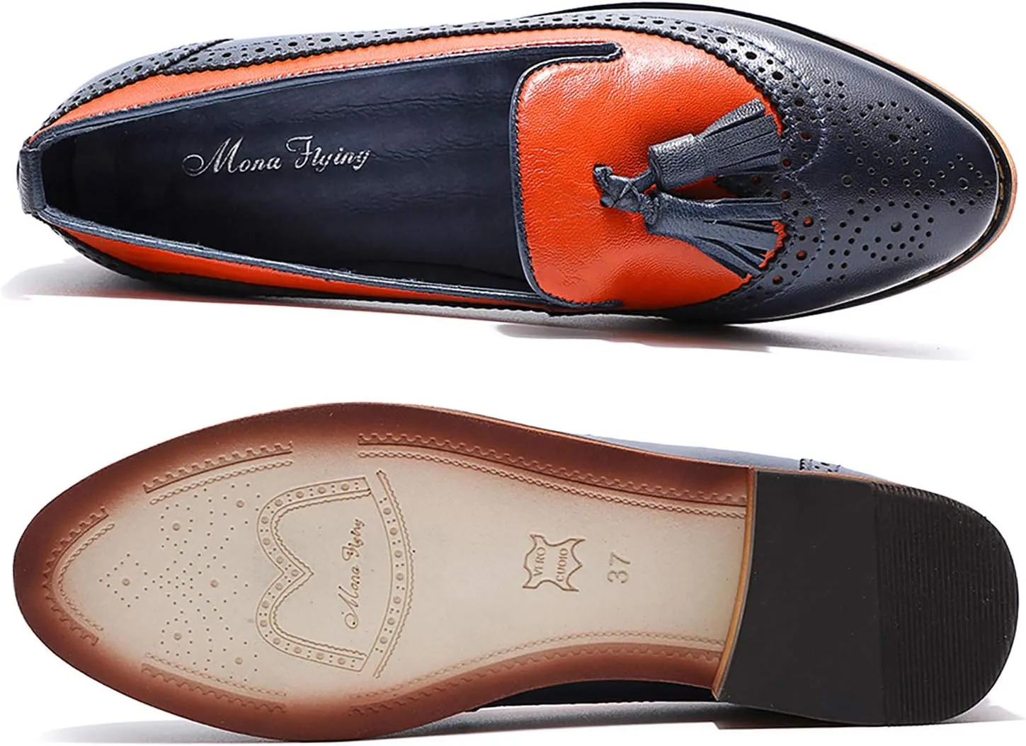 Mona flying Women's Leather Tassel Loafer Slip on Wingtip Brogue Dress Casual Flat Office Work Shoes for Ladies