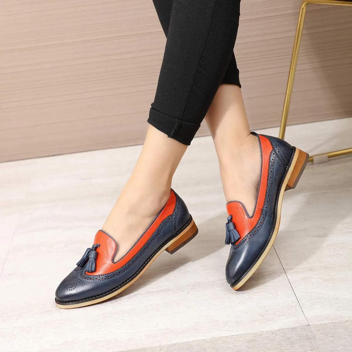 Mona flying Women's Leather Tassel Loafer Slip on Wingtip Brogue Dress Casual Flat Office Work Shoes for Ladies