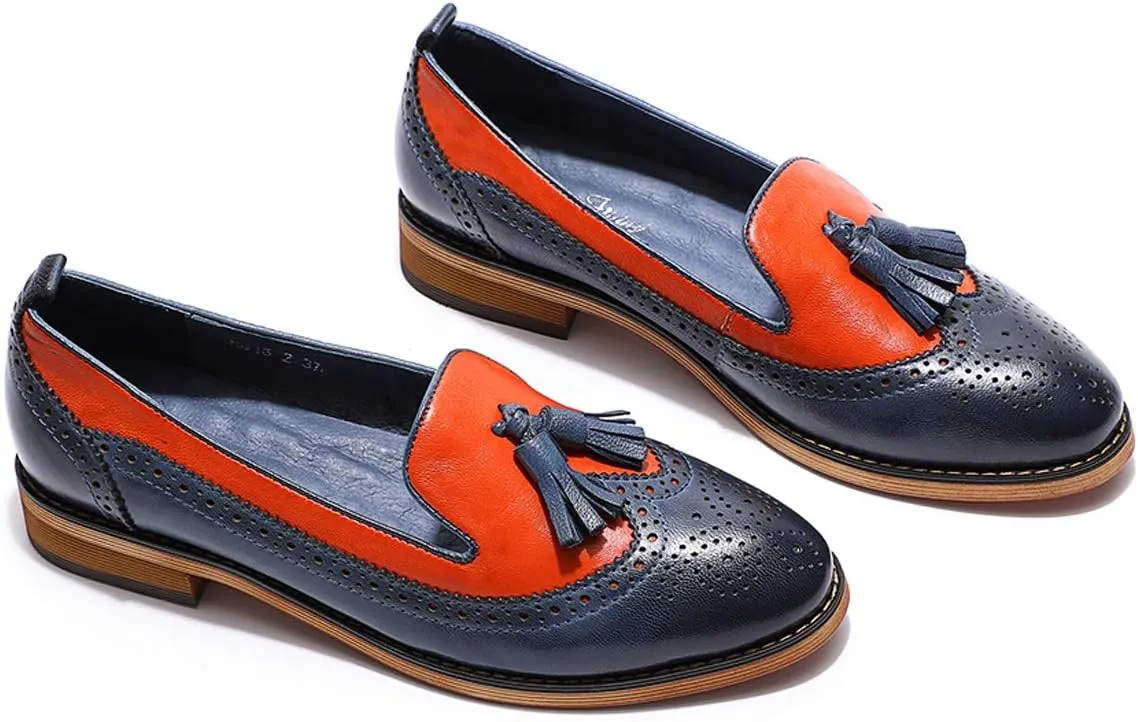 Mona flying Women's Leather Tassel Loafer Slip on Wingtip Brogue Dress Casual Flat Office Work Shoes for Ladies
