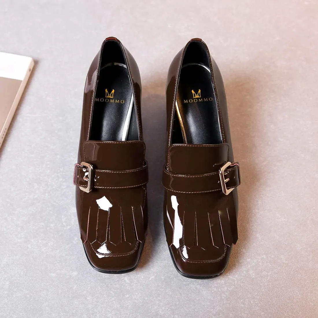 MOOMMO Women Chunky Block Heel Loafers Pumps Square Closed Toe Slip On Dress Shoes Patent Leather Oxford Loafer Shoes Fringe Buckle Tassel Wingtip Office Work Shoe Business Professional 4-11 M US