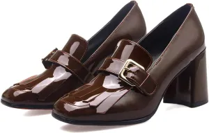 MOOMMO Women Chunky Block Heel Loafers Pumps Square Closed Toe Slip On Dress Shoes Patent Leather Oxford Loafer Shoes Fringe Buckle Tassel Wingtip Office Work Shoe Business Professional 4-11 M US