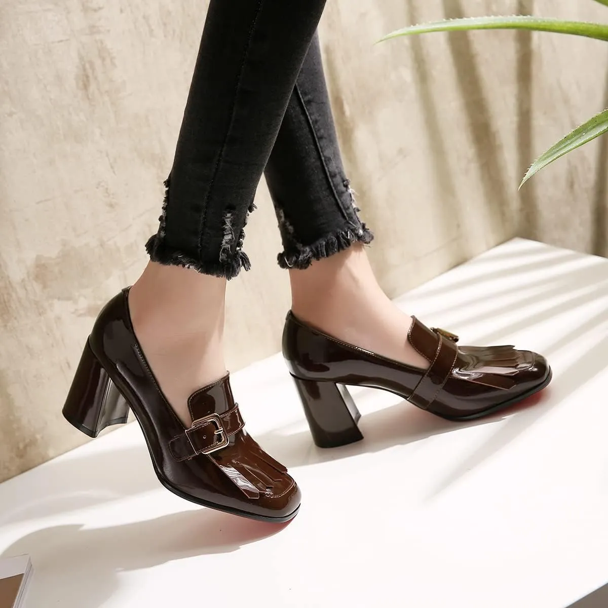 MOOMMO Women Chunky Block Heel Loafers Pumps Square Closed Toe Slip On Dress Shoes Patent Leather Oxford Loafer Shoes Fringe Buckle Tassel Wingtip Office Work Shoe Business Professional 4-11 M US