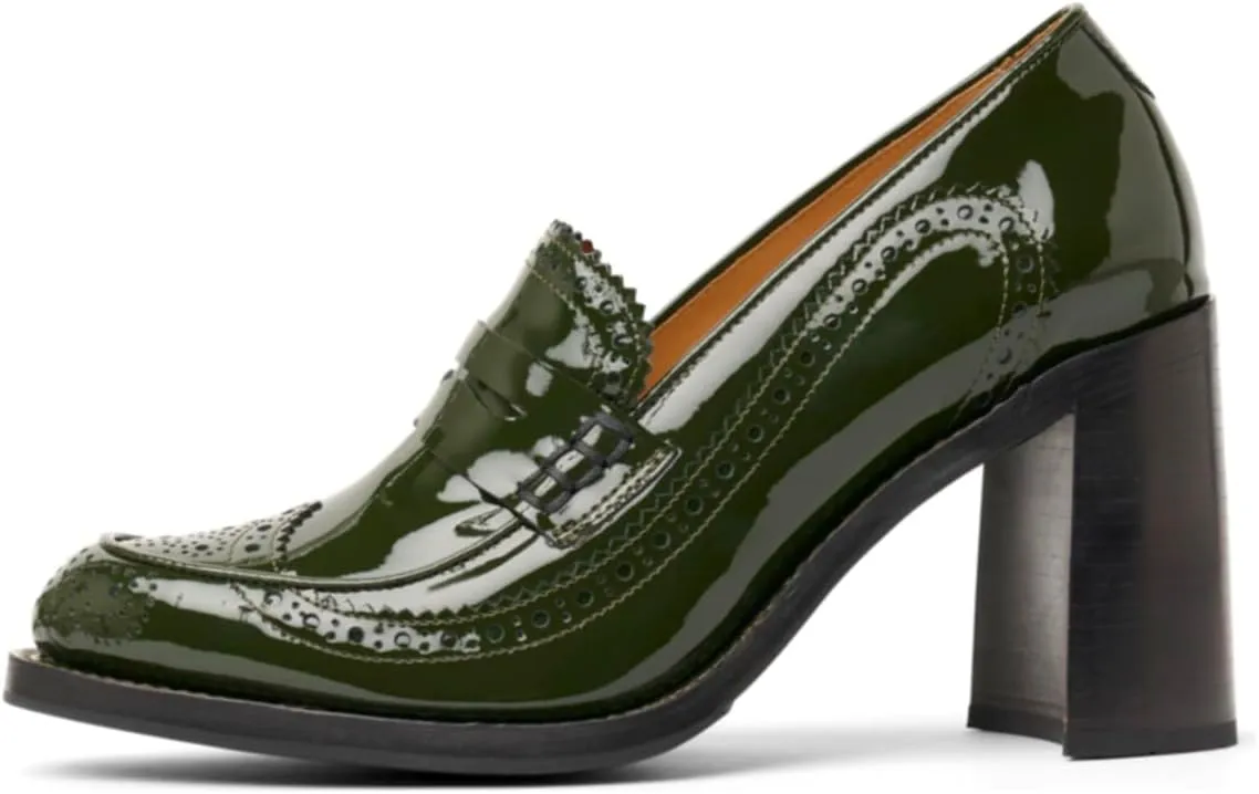 MOOMMO Women Chunky Block High Heel Loafer Pumps Round Closed Toe Slip On Oxford Shoes 3 Inch Heels Patent Leather Work Pumps Office Ladies Wingtip Dress Loafers Formal Business Party Retro 4-11 M US