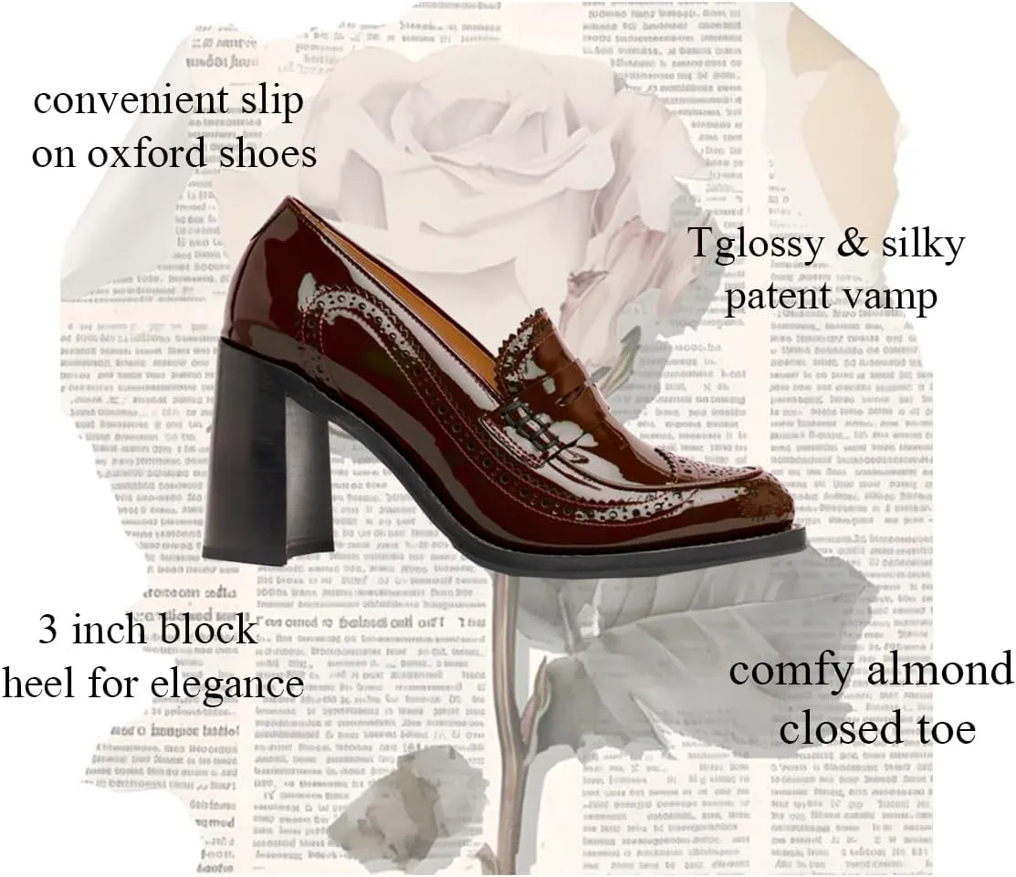 MOOMMO Women Chunky Block High Heel Loafer Pumps Round Closed Toe Slip On Oxford Shoes 3 Inch Heels Patent Leather Work Pumps Office Ladies Wingtip Dress Loafers Formal Business Party Retro 4-11 M US