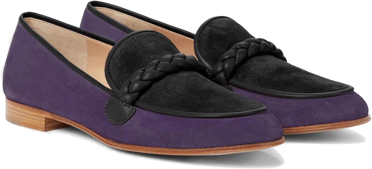 MOOMMO Women Comfortable Suede Loafer Flats Closed Round Toe Slip On Penny Loafers Knitted Strap Oxford Loafer Shoes for Office Ladies Work Daily Casual Club Driver Flats Spring Elegant 4-11 M US