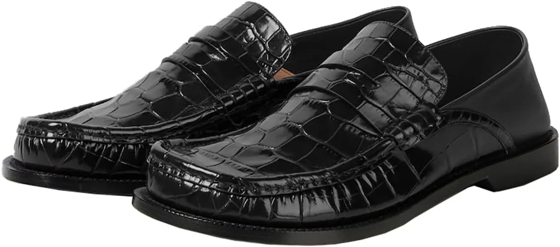 MOOMMO Women Low Chunky Heel Loafers Walking Shoes Crocodile Loafer Flats Round Toe Toe Slip On Penny Loafers Dress Shoes Matte Stone Pattern Office Ladies Casual Comfort 4-11 M US