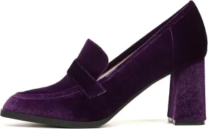 MOOMMO Women Vintage Chunky Block High Heel Pumps Shoes Square Closed Toe Slip On Velvet Penny Loafers 3" Thick Heels Oxford Loafer Office Ladies Formal Business Work Shoe Dressy Fall Basic 4-11 M US