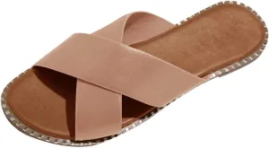 oiangi Slide Sandals Women Studded Flats Summer Casual Open Toe Slip-On Mule Crossed Strap Slipper Comfortable Ladies Shoes