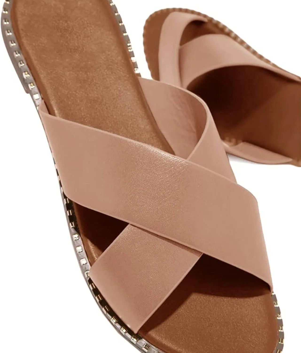 oiangi Slide Sandals Women Studded Flats Summer Casual Open Toe Slip-On Mule Crossed Strap Slipper Comfortable Ladies Shoes