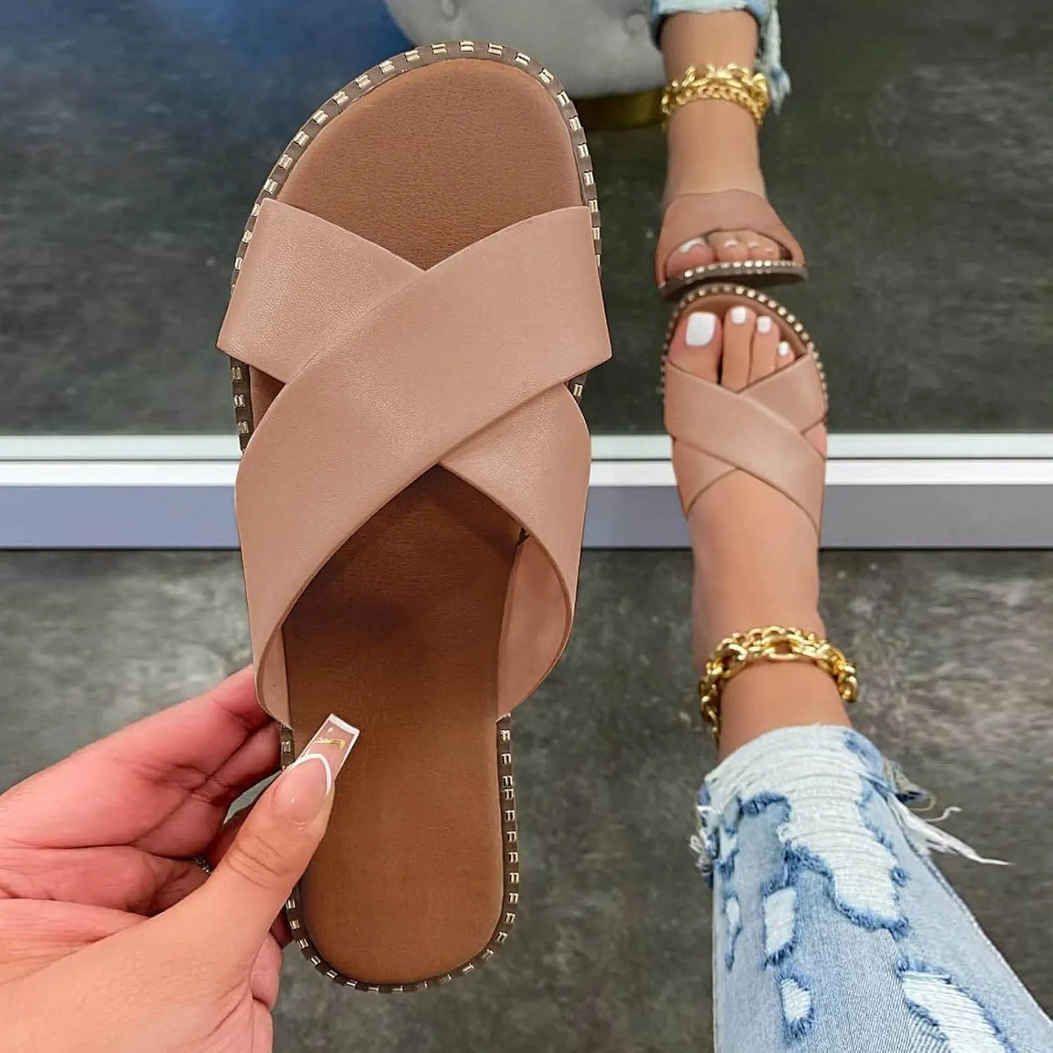 oiangi Slide Sandals Women Studded Flats Summer Casual Open Toe Slip-On Mule Crossed Strap Slipper Comfortable Ladies Shoes