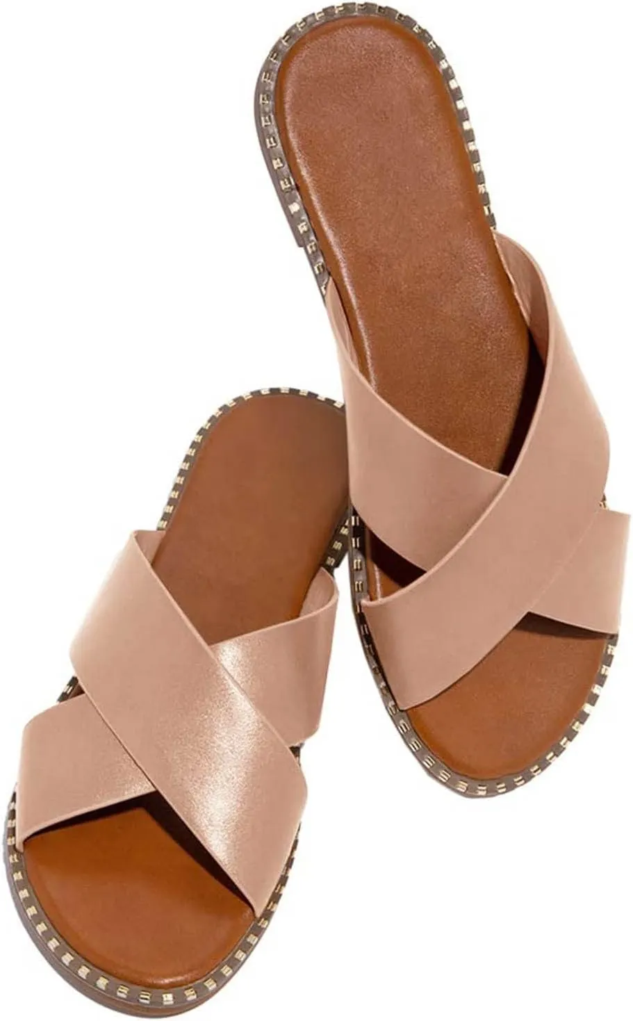 oiangi Slide Sandals Women Studded Flats Summer Casual Open Toe Slip-On Mule Crossed Strap Slipper Comfortable Ladies Shoes