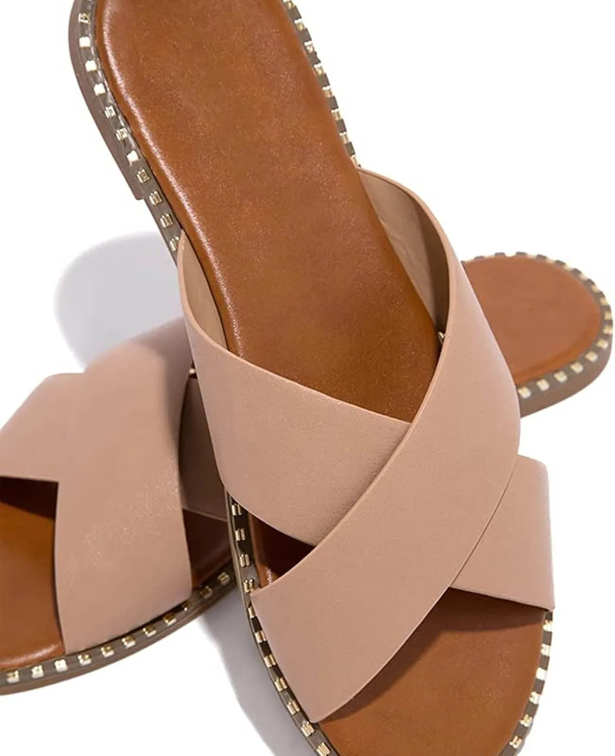 oiangi Slide Sandals Women Studded Flats Summer Casual Open Toe Slip-On Mule Crossed Strap Slipper Comfortable Ladies Shoes