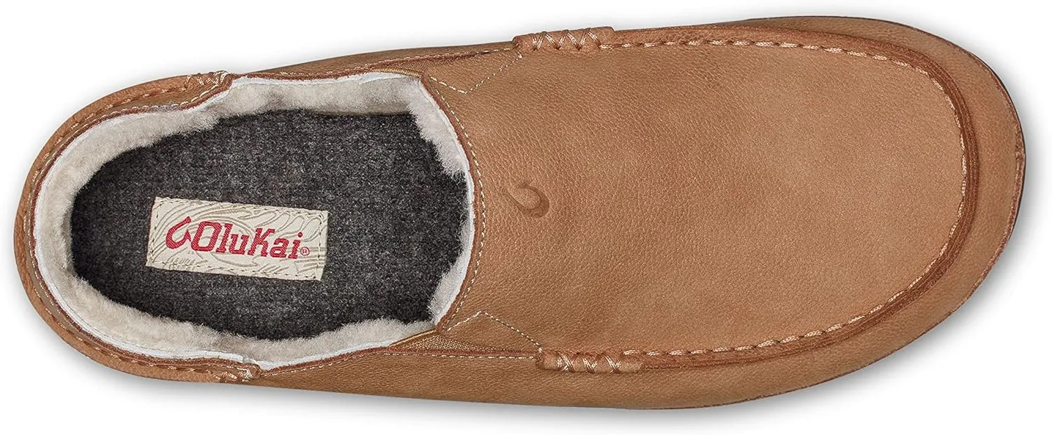 OLUKAI Kipuka Hulu Men's Leather Slippers, Premium Nubuck Leather Slip On Shoes, Shearling Lining & Gel Insert, Drop-In Heel Design