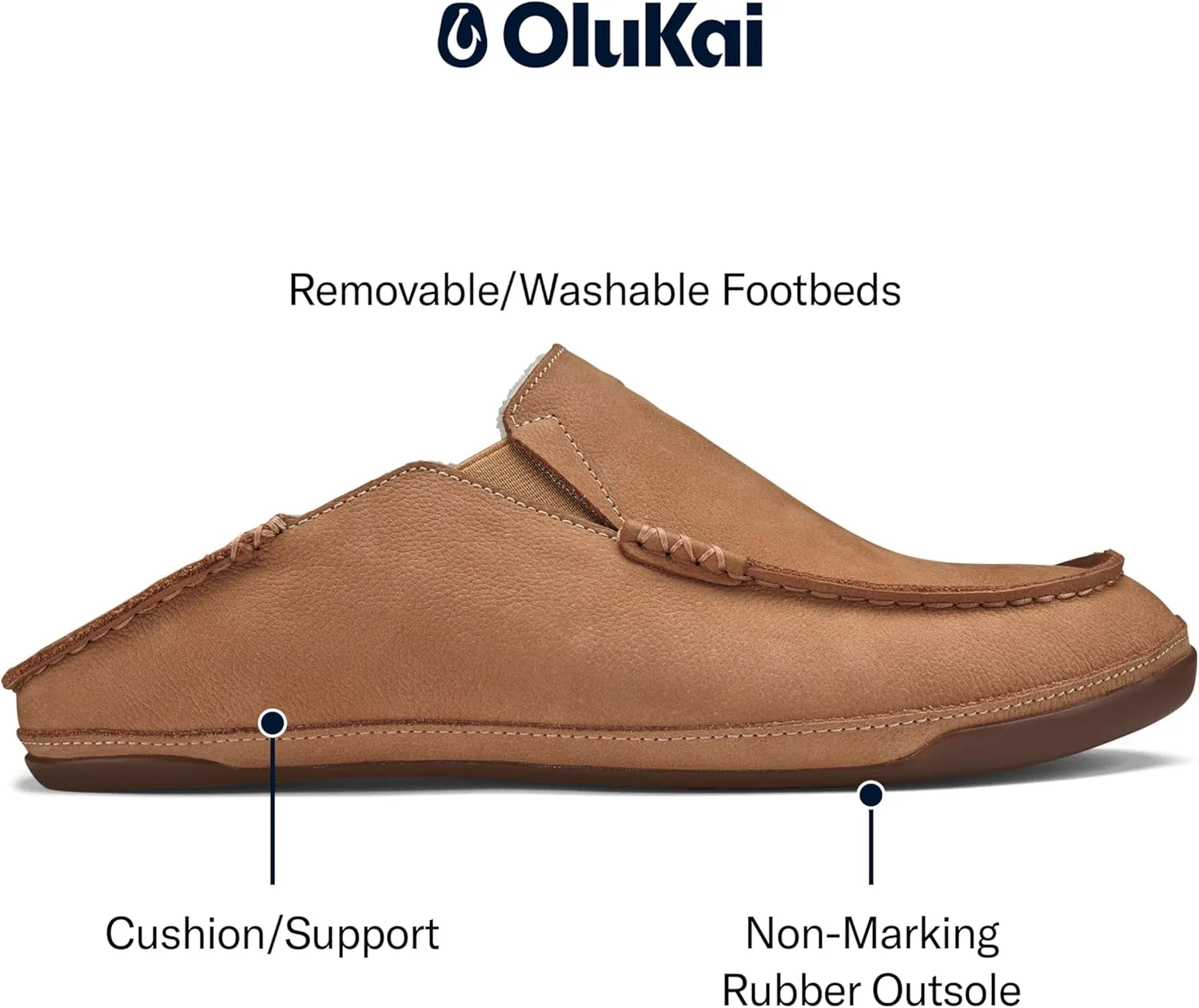 OLUKAI Kipuka Hulu Men's Leather Slippers, Premium Nubuck Leather Slip On Shoes, Shearling Lining & Gel Insert, Drop-In Heel Design