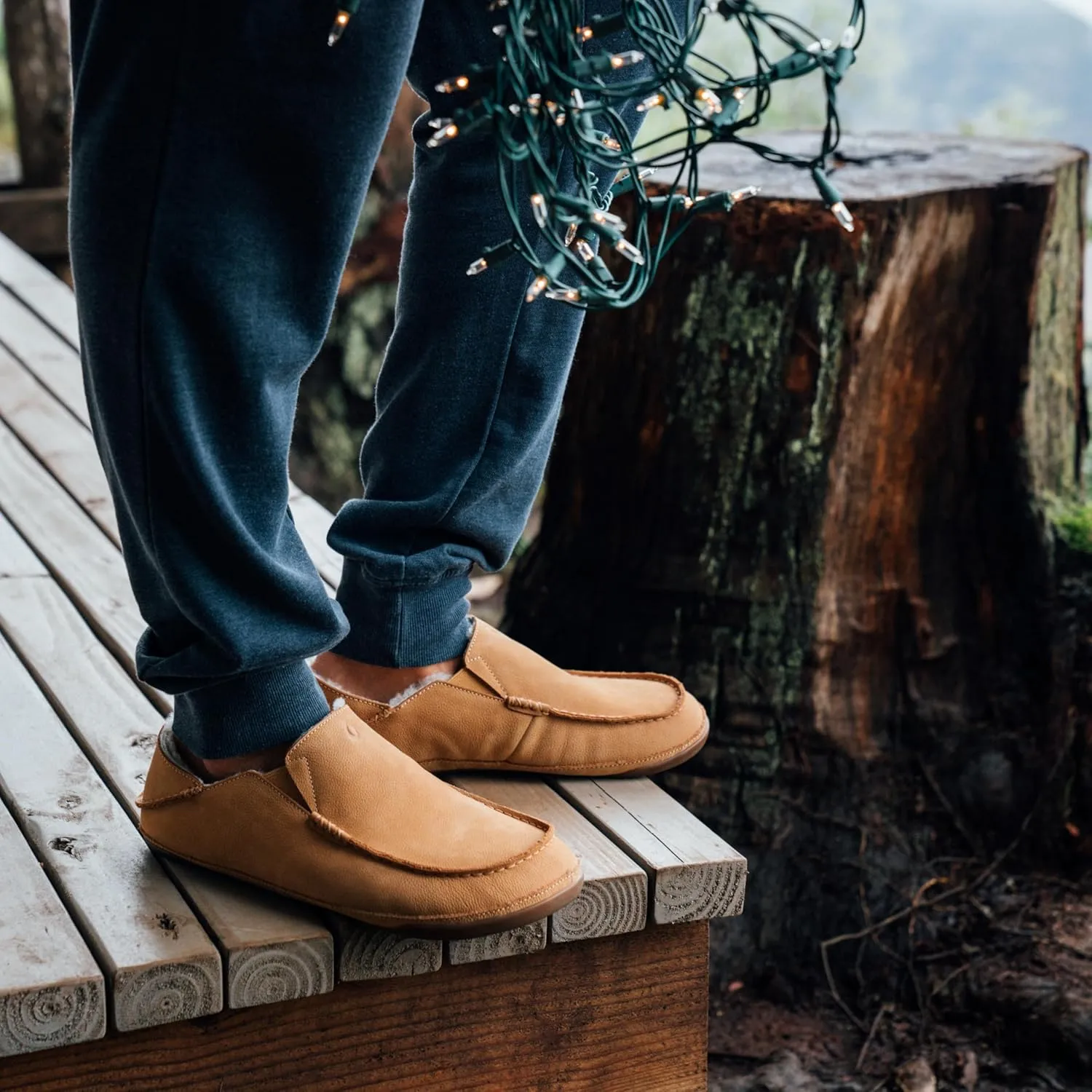 OLUKAI Kipuka Hulu Men's Leather Slippers, Premium Nubuck Leather Slip On Shoes, Shearling Lining & Gel Insert, Drop-In Heel Design
