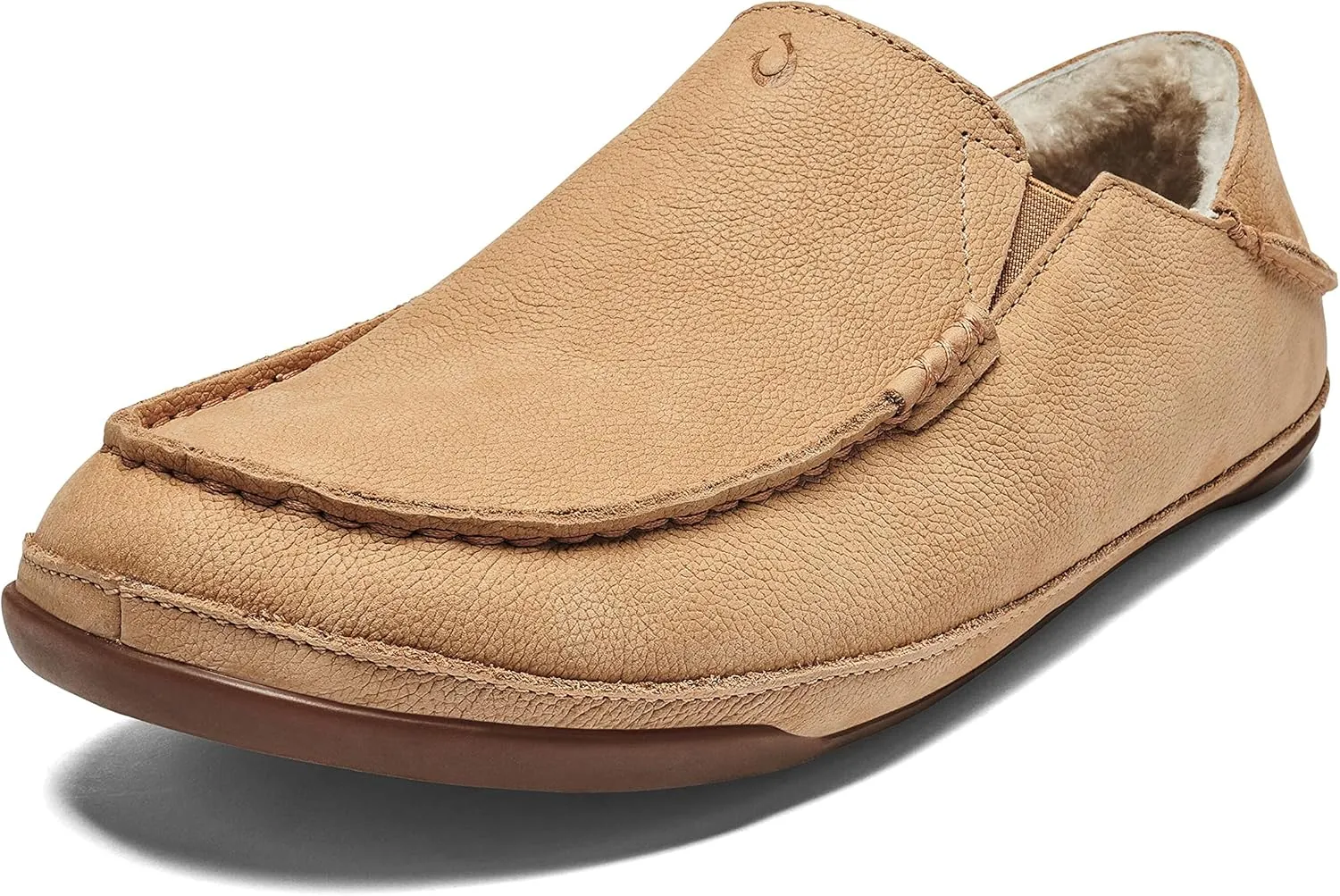 OLUKAI Kipuka Hulu Men's Leather Slippers, Premium Nubuck Leather Slip On Shoes, Shearling Lining & Gel Insert, Drop-In Heel Design