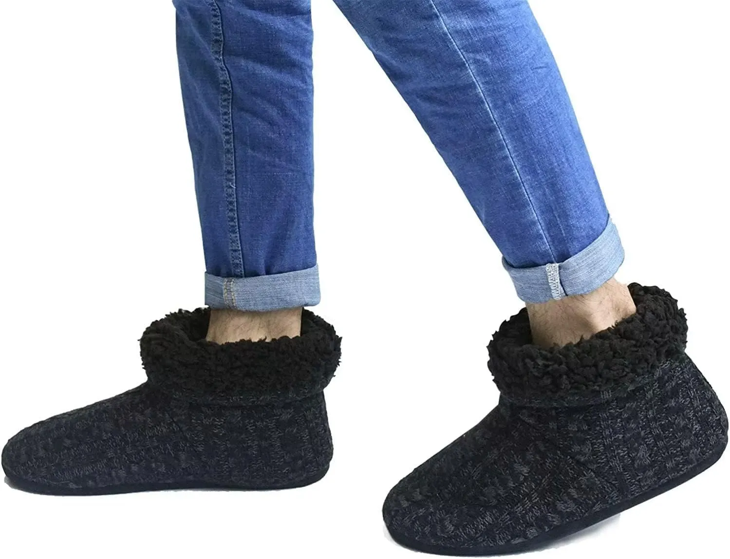 ONCAI Men’s-Slipper-Boots-Winter-Fleece-House-Slippers Knitted Indoor Flat Warm Wool Booties Pull On Memory Foam Outdoor Non-Slip Ankle Bedroom Boot Slippers with Soft Rubber Sole