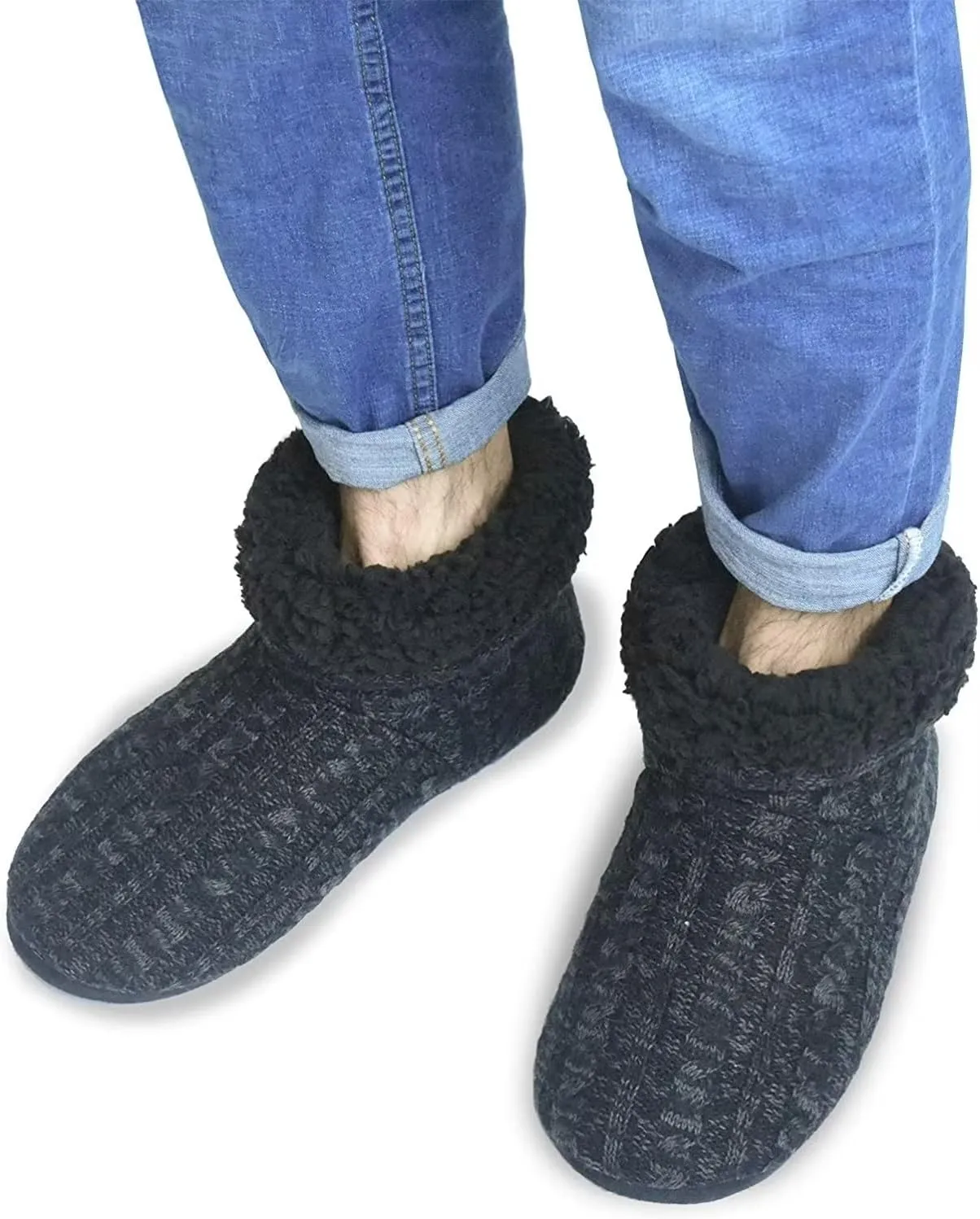 ONCAI Men’s-Slipper-Boots-Winter-Fleece-House-Slippers Knitted Indoor Flat Warm Wool Booties Pull On Memory Foam Outdoor Non-Slip Ankle Bedroom Boot Slippers with Soft Rubber Sole