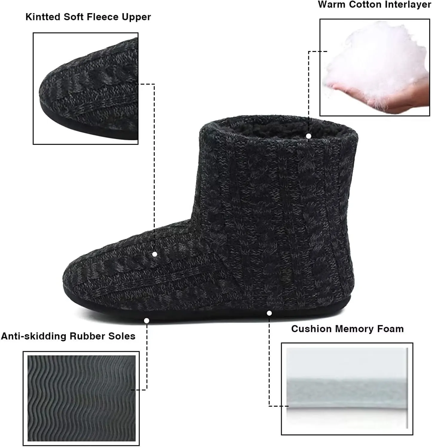 ONCAI Men’s-Slipper-Boots-Winter-Fleece-House-Slippers Knitted Indoor Flat Warm Wool Booties Pull On Memory Foam Outdoor Non-Slip Ankle Bedroom Boot Slippers with Soft Rubber Sole